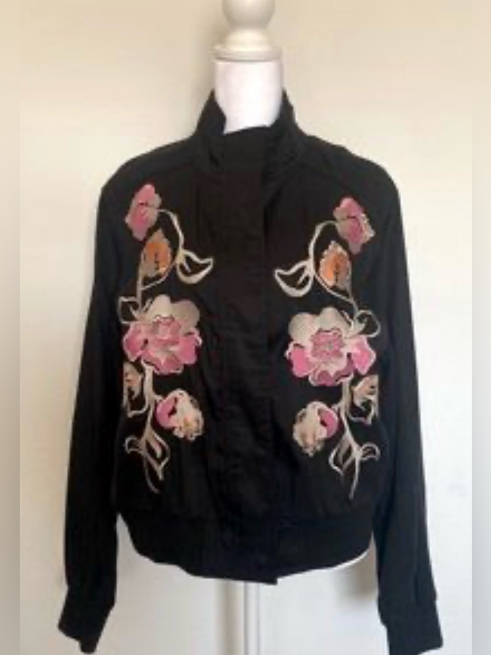 Context Black Bomber Jacket with Pink & Orange Floral Embroidery 3X